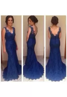 Mermaid Sleeveless V-neck Lace Backless Royal blue Prom Dress