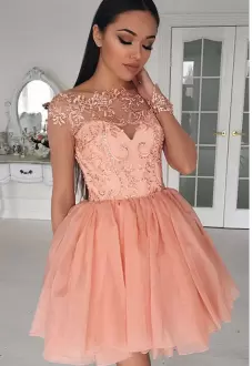 Classical Pink Chiffon Lace Up Scalloped Cap Sleeves Mini Length Prom Evening Gown Beading and Appliques