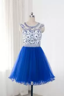 Cute Royal Blue Short Illusion Beaded Homecoming Dress High Neck Zipper Back