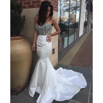 Pretty White Mermaid Sweetheart Sleeveless Satin Brush Train Lace Up Beading Prom Dresses