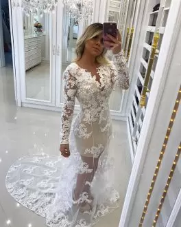 White A-line Lace and Appliques Prom Homecoming Dress Lace Up Long Sleeves