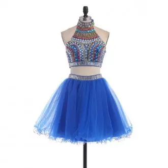 Blue Backless Halter Top Beading Prom Party Dress Tulle Sleeveless
