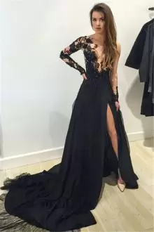 Black Lace Long Sleeve Front Split Sweep Train Deep V Prom Dress