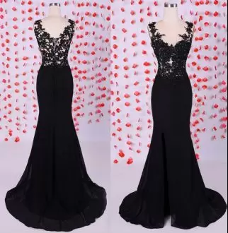 Low Price Lace and Appliques Prom Party Dress Black Zipper Sleeveless Sweep Train