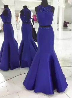 Exceptional Royal Blue Mermaid Beading Prom Gown Backless Satin Sleeveless Floor Length