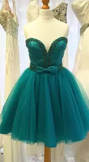 Chic Green Tulle Lace Up Sweetheart Sleeveless Mini Length Prom Party Dress Beading