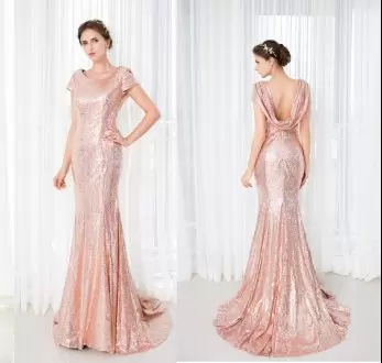Edgy Sequined Short Sleeves Prom Gown Sweep Train and Sequins