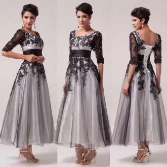 Ankle Length Grey Homecoming Dresses Tulle Half Sleeves Lace and Appliques