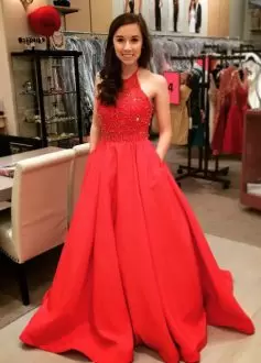 Elegant Floor Length Prom Party Dress Red for Prom with Beading