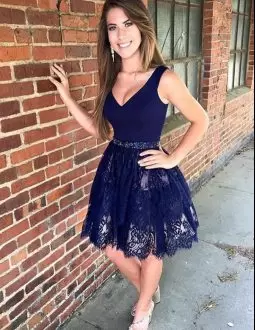Navy Blue V-neck Beading Prom Dresses Sleeveless Homecoming Dress