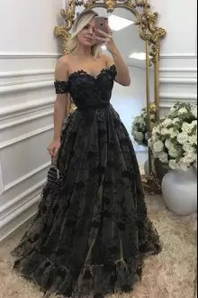 Custom Fit Black A-line Lace and Appliques Homecoming Gowns Tulle Sleeveless Floor Length
