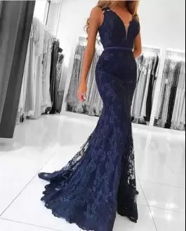 Pretty Floor Length Navy Blue Formal Evening Gowns Lace Sleeveless Lace and Belt
