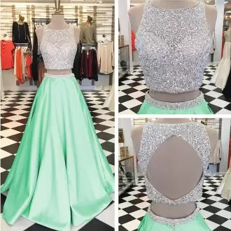 Customized Apple Green Two Pieces Satin Scoop Sleeveless Beading Backless Homecoming Dresses Sweep Train