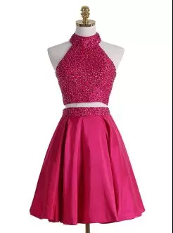 Beading Dress for Prom Hot Pink Backless Sleeveless Mini Length