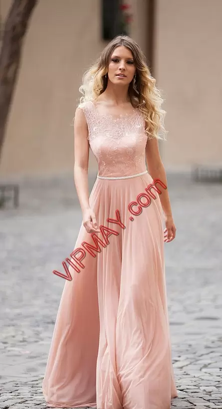 Modern Sweetheart Sleeveless Dress for Prom Floor Length Sweep Train Beading and Lace Peach Satin and Chiffon