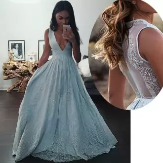 Customized Blue Sleeveless Floor Length Beading and Lace Lace Up Homecoming Gowns V-neck
