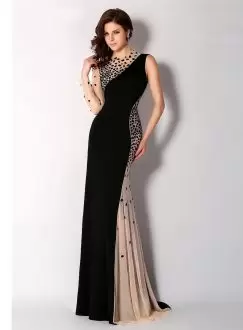Cute Black and Champagne Sleeveless Floor Length Appliques Zipper Homecoming Dress Scoop