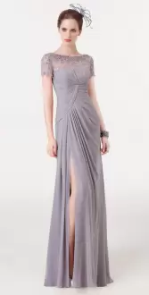 Low Price Short Sleeves Floor Length Lace Zipper Formal Dresses with Grey