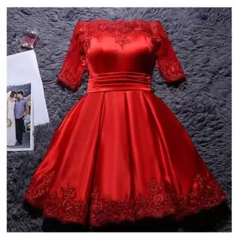Discount Short Sleeves Satin Mini Length Lace Up Prom Evening Gown in Red with Lace