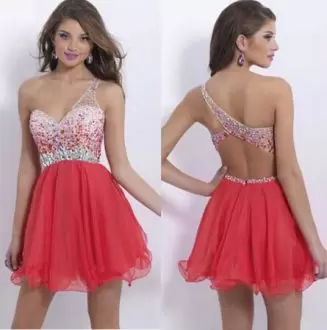 White and Red One Shoulder Lace Up Beading and Lace Prom Dress Sleeveless