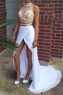 White Prom Gown Prom and Party and Military Ball with Beading Halter Top Sleeveless Brush Train Lace Up