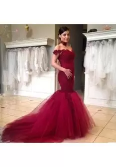 Cheap Burgundy Prom and Party and Military Ball with Appliques Off The Shoulder Sleeveless Sweep Train Zipper