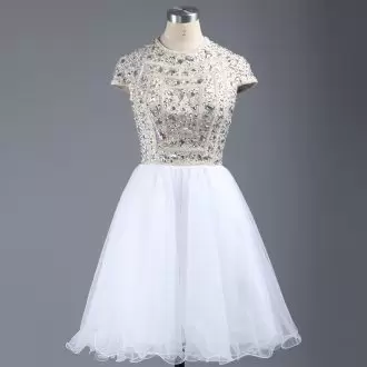 Decent White Tulle Homecoming Gowns Short Sleeves Beading