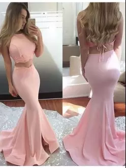 Scoop Sleeveless Homecoming Dress Sweep Train Lace Pink Satin