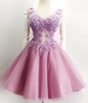 Sleeveless Tulle Knee Length Zipper Prom Gown in Pink with Beading and Appliques