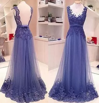 Sleeveless Open Back Appliques Long Homecoming Dress with Belt