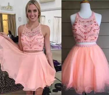 Halter Top Sleeveless Zipper Beading Prom Party Dress in Pink