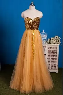 Floor Length Champagne Prom Dress Tulle Sleeveless Sequins