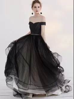 Black Lace Up Off The Shoulder Ruching Prom Gown Tulle Sleeveless Sweep Train