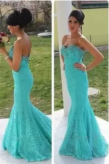 Delicate Aqua Blue Zipper Sweetheart Beading Lace Sleeveless Sweep Train