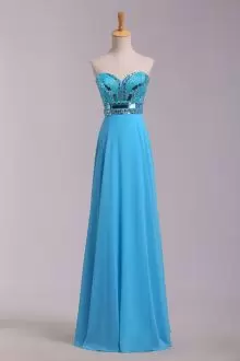Trendy Blue Satin and Chiffon Backless Homecoming Gowns Sleeveless Floor Length Beading and Lace
