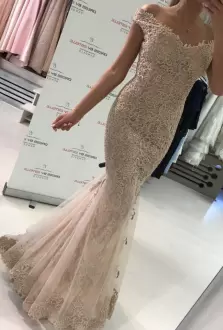 Champagne Mermaid Tulle Off The Shoulder Sleeveless Lace and Appliques Clasp Handle Prom Dresses Sweep Train