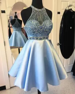 Deluxe Mini Length A-line Sleeveless Light Blue Prom Dresses Backless