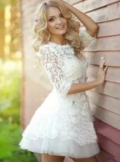 Top Selling White Half Sleeves Mini Length Lace Zipper Homecoming Gowns High-neck