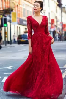 Affordable Red V-neck Fully Lace Prom Dress 3 4 Length Sleeve