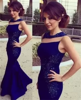 Royal Blue Satin Lace Up Scoop Sleeveless Floor Length Evening Dress Lace