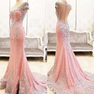 Zipper Prom Party Dress Pink for Prom and Party and Military Ball with Beading and Hand Made Flower Brush Train
