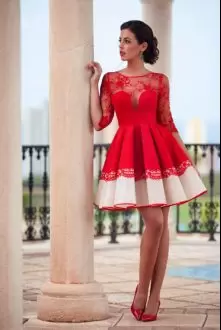 Mini Length Red and Champagne Homecoming Dress Scoop Long Sleeves Zipper
