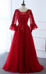 Scoop Half Sleeves Prom Evening Gown Floor Length Appliques Red Tulle