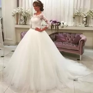 White Long Sleeve Tulle Court Train Wedding Dress with Crystal Belt
