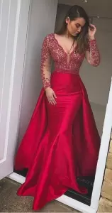Red Prom Party Dress Prom and Party and Military Ball with Beading and Appliques V-neck Long Sleeves Lace Up