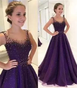 Smart Sleeveless Floor Length Beading Evening Dress with Purple