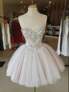 Latest Mini Length Pink Prom Dress Tulle Sleeveless Beading
