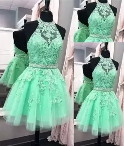 Hot Sale Mini Length Backless Homecoming Dress Green for Prom and Party and Military Ball with Beading and Lace