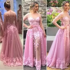 Long Sleeves Floor Length Appliques Clasp Handle Junior Homecoming Dress with Pink