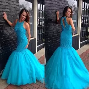 Blue Sleeveless With Train Beading and Lace Lace Up Prom Gown Scoop
